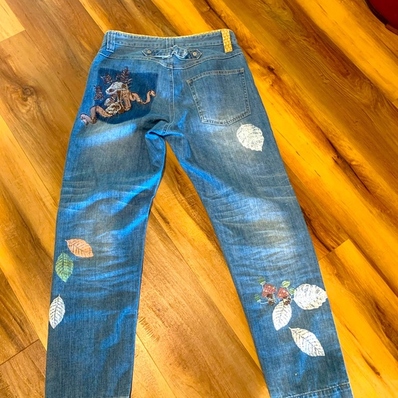 JEANS VINTAGE DISTRESSED WITH LEAVES AND MUSHROOMS. UNIQUE HIPPIE LOOK. 28/28 - Picture 3 of 7